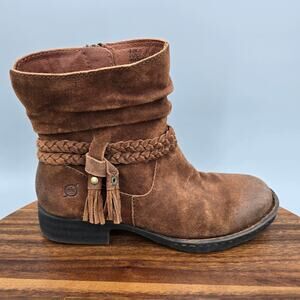 Born Boots Womens 6.5 M Brown Suede Leather Braid Strap Slouch Tassel Booties